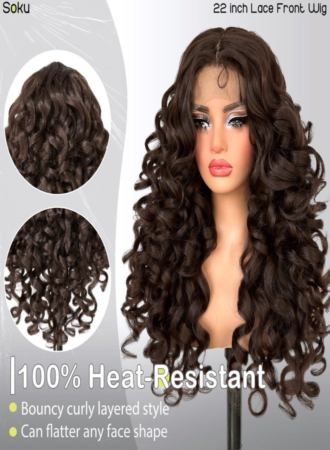 SOKU Long Curly Brown Wig, 22 Inch Glueless 13x4x1 HD Lace Front Wigs for Black Women Pre-Plucked Hairline with Baby Hair Lightweight Synthetic Curly Layered Hair Wigs(Dark Brown) - Image 2